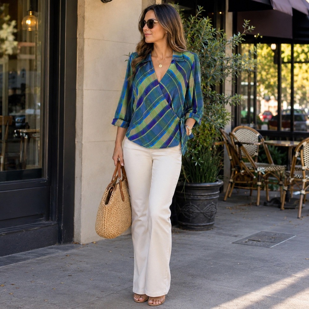 Selene Sport Stripe Wrap Blouse Size L Retro Y2K Aesthetic Vibrant Jewel Tones